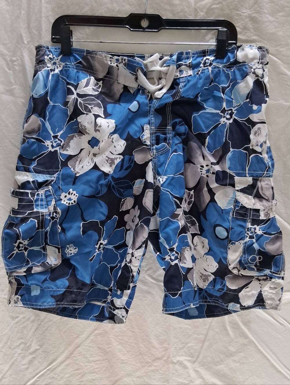 Men's Medium OP Ocean Pacific Blue White Black Floral Swim Board Shorts